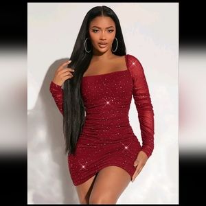 SHEIN SXY Square Neck Ruched Sequin Mesh Bodycon Dress